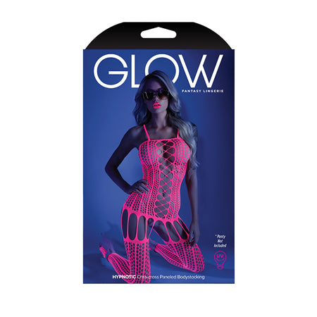 Fantasy Lingerie Glow Hypnotic Criss-Cross Paneled Bodystocking Neon Pink O-S