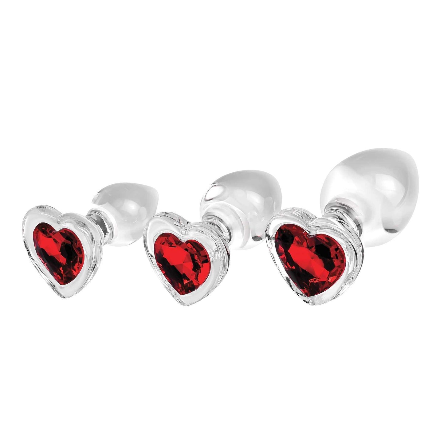 Adam & Eve 3-Piece Glass Anal Plug With Red Gemstone Heart Base Set